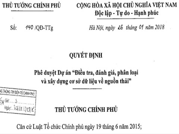 Thủ tướng Chính phủ phê duyệt Dự án: Điều tra, đánh giá, phân loại và xây dựng cơ sở dữ liệu về nguồn thải